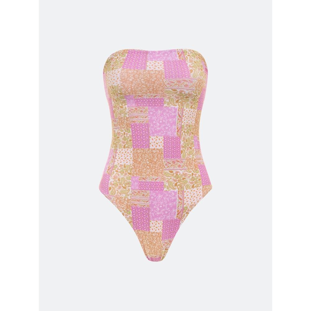 NWT Elysiian Aliso One Piece Swimsuit Strapless Pink Paisley XS Bathing Suit